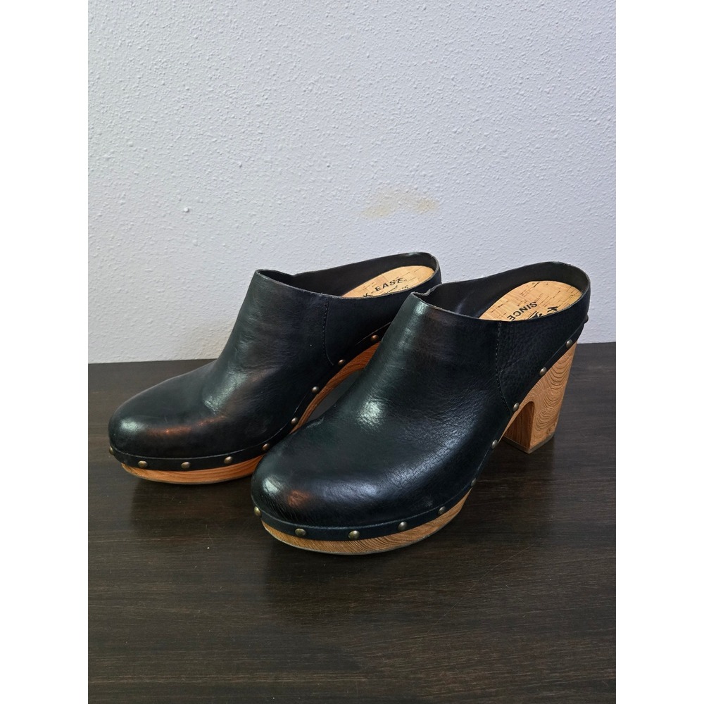 Kork-Ease Black Leather Studded Wood Block Heel Clog Mules KE0012903 10M